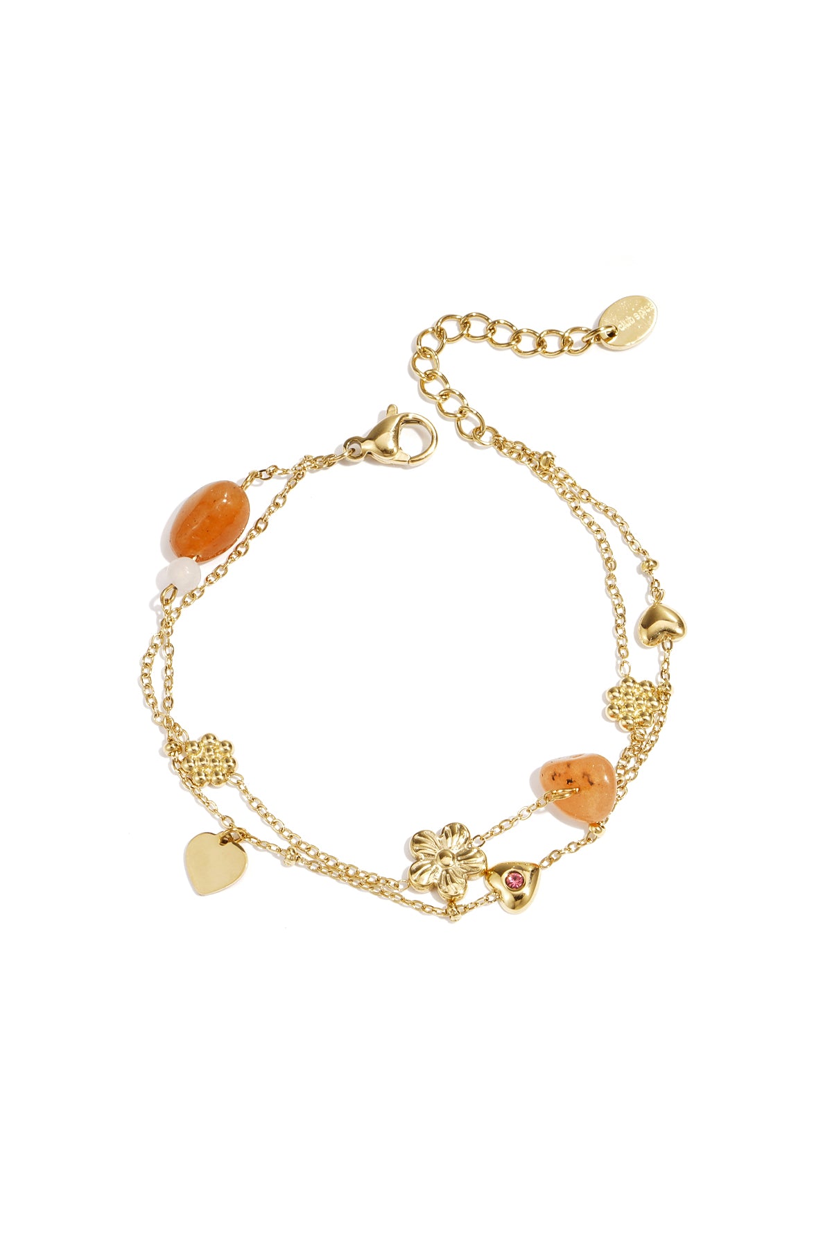 Bedelarmband met oranje kralen, bloemen en hartjes