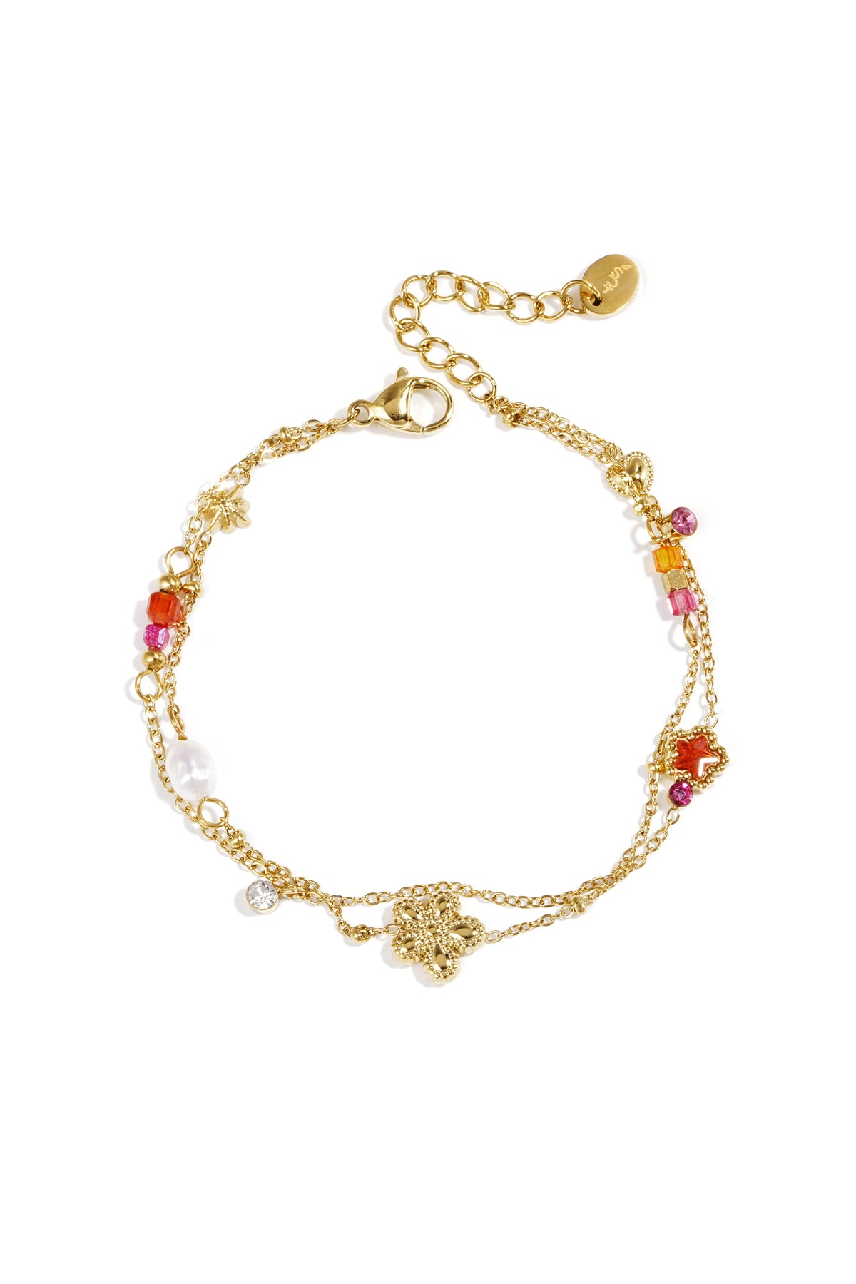 Bedelarmband met ster en bloemcharms, parels, steentjes en kraaltjes